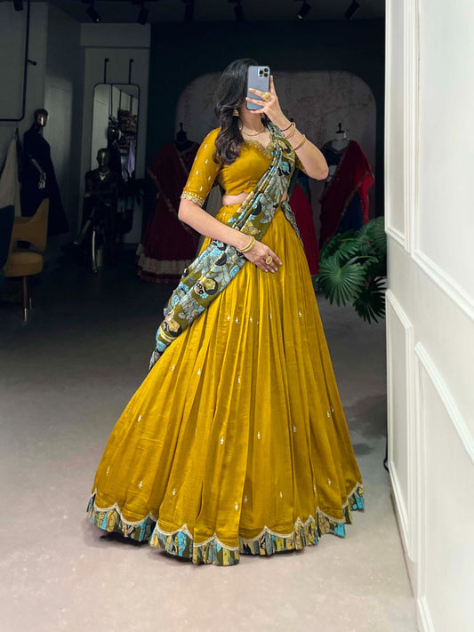Vidya - Mustard Soft Silk Print Border Lehenga Fully Stitched
