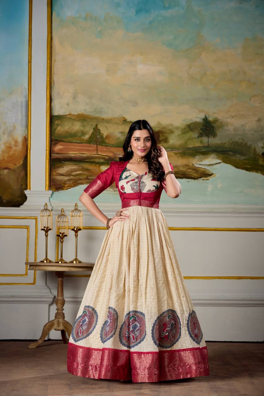 Beautiful Kalamkari Print Dola Silk Fully Stitched Gown