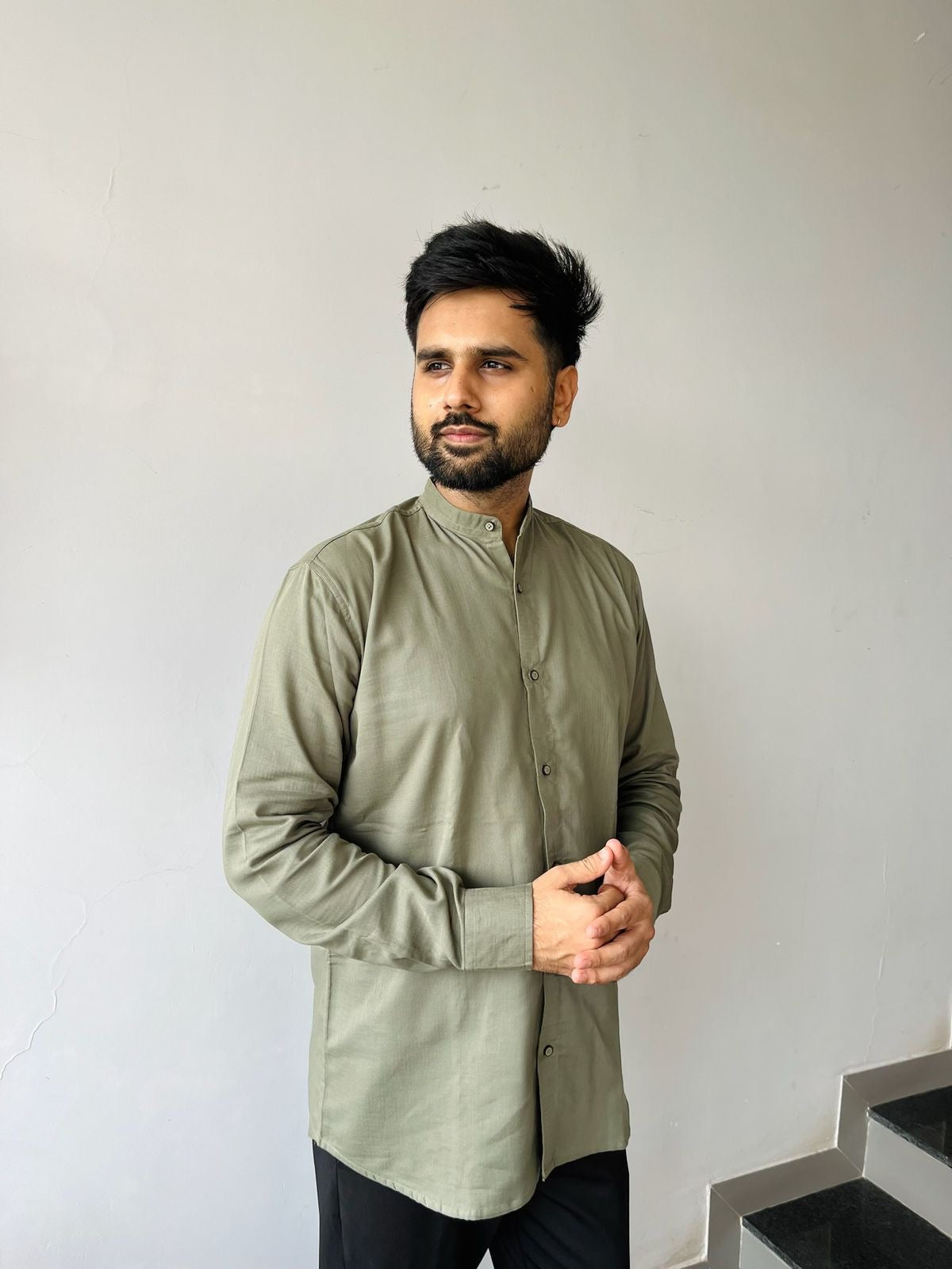 Mandarin Collar Men's Pure Cotton Plain Shirts for Formal Occasions