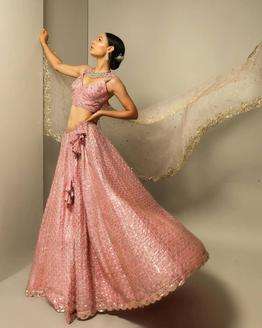 Peach satin silk fully stitched sequenced lehenga