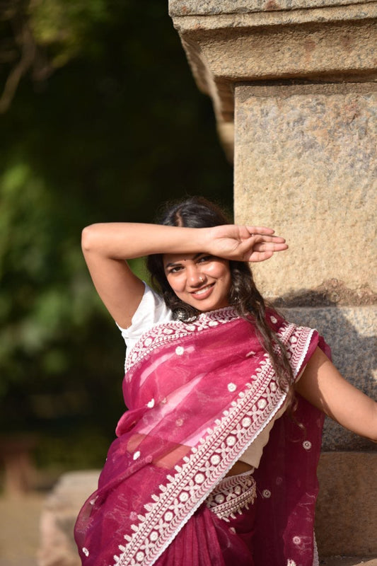 Organza wine saree with stitched blouse