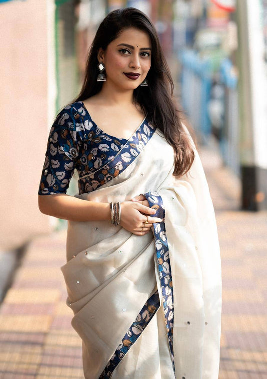 Grey linen saree with Jhumka and fully stitched blouse