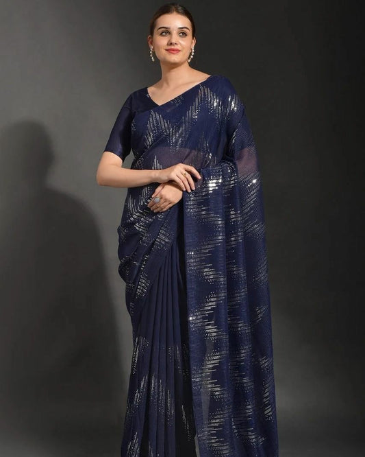 Blue zig zag sequins saree with stitched blouse