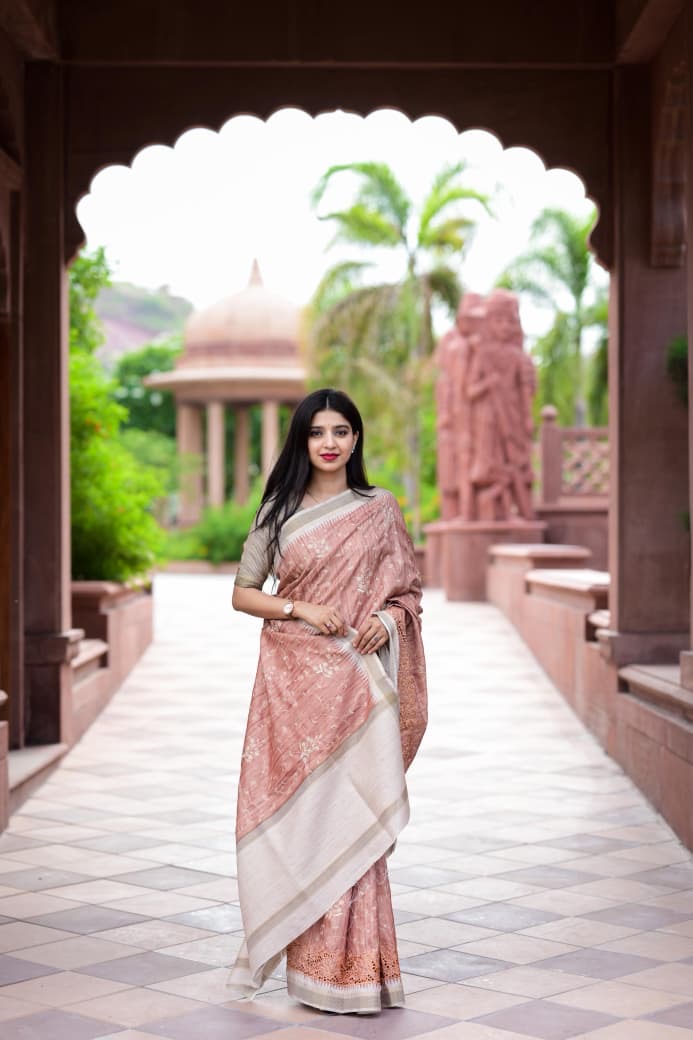 Evika - Premium Tussar Cotton Saree with Cut Work & Stitched Blouse