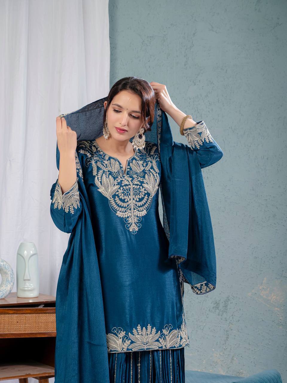 Pure Chinon Silk Embroidered Sharara Set in 4 beautiful Colours Fully Stitched