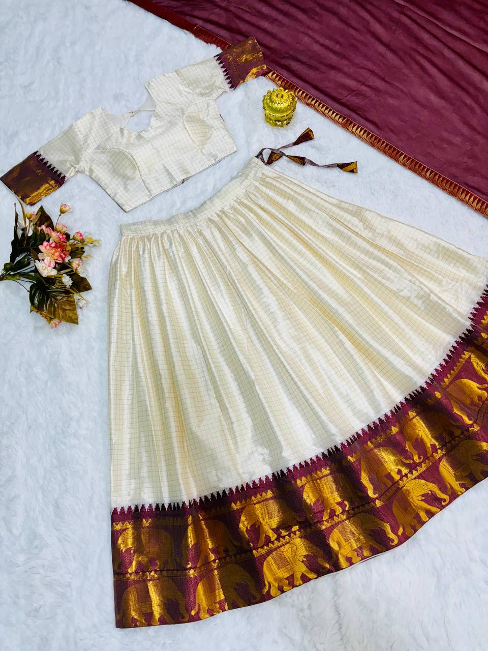 Soft offwhite cotton silk readymade lehenga