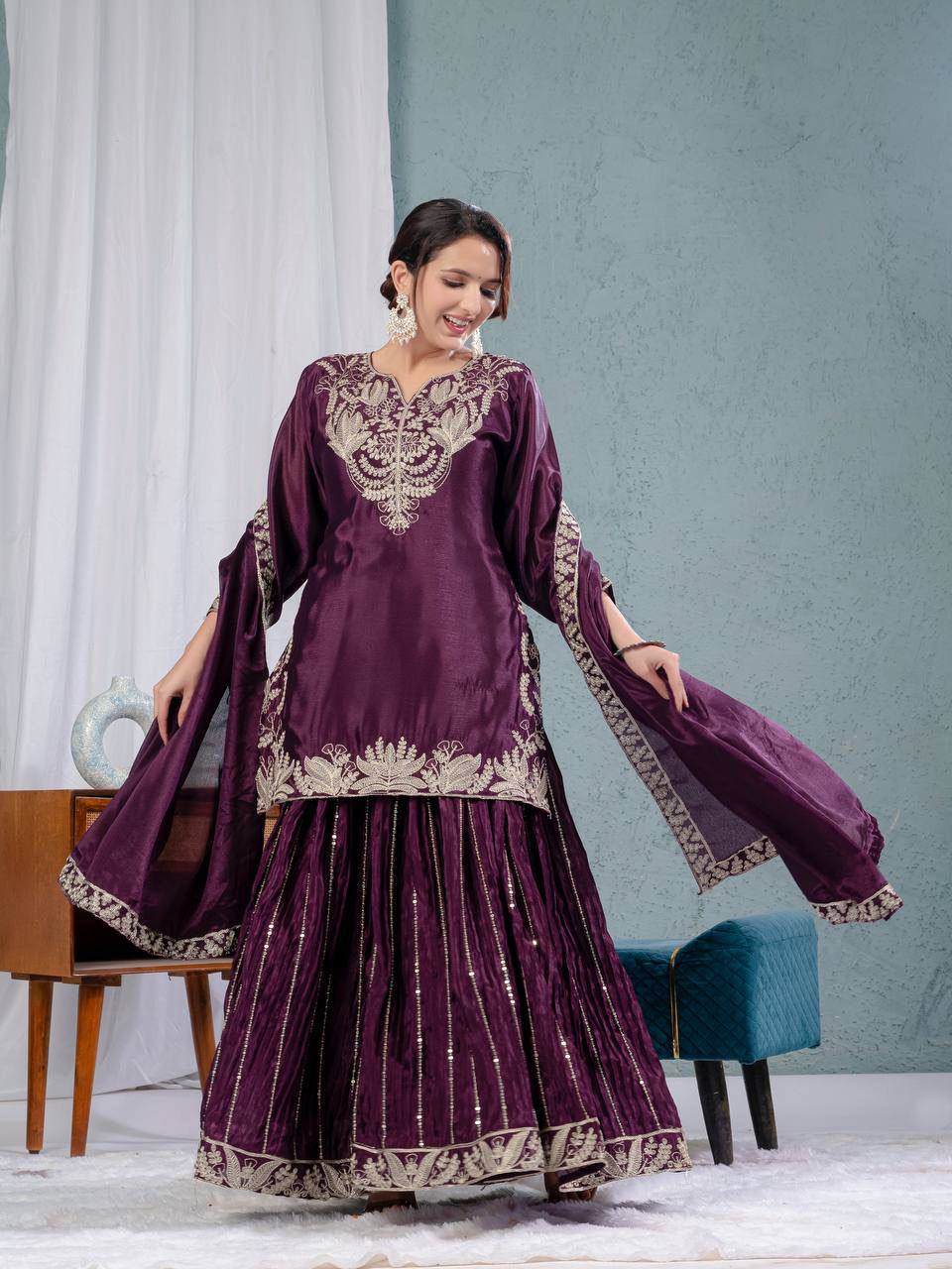 Pure Chinon Silk Embroidered Sharara Set in 4 beautiful Colours Fully Stitched
