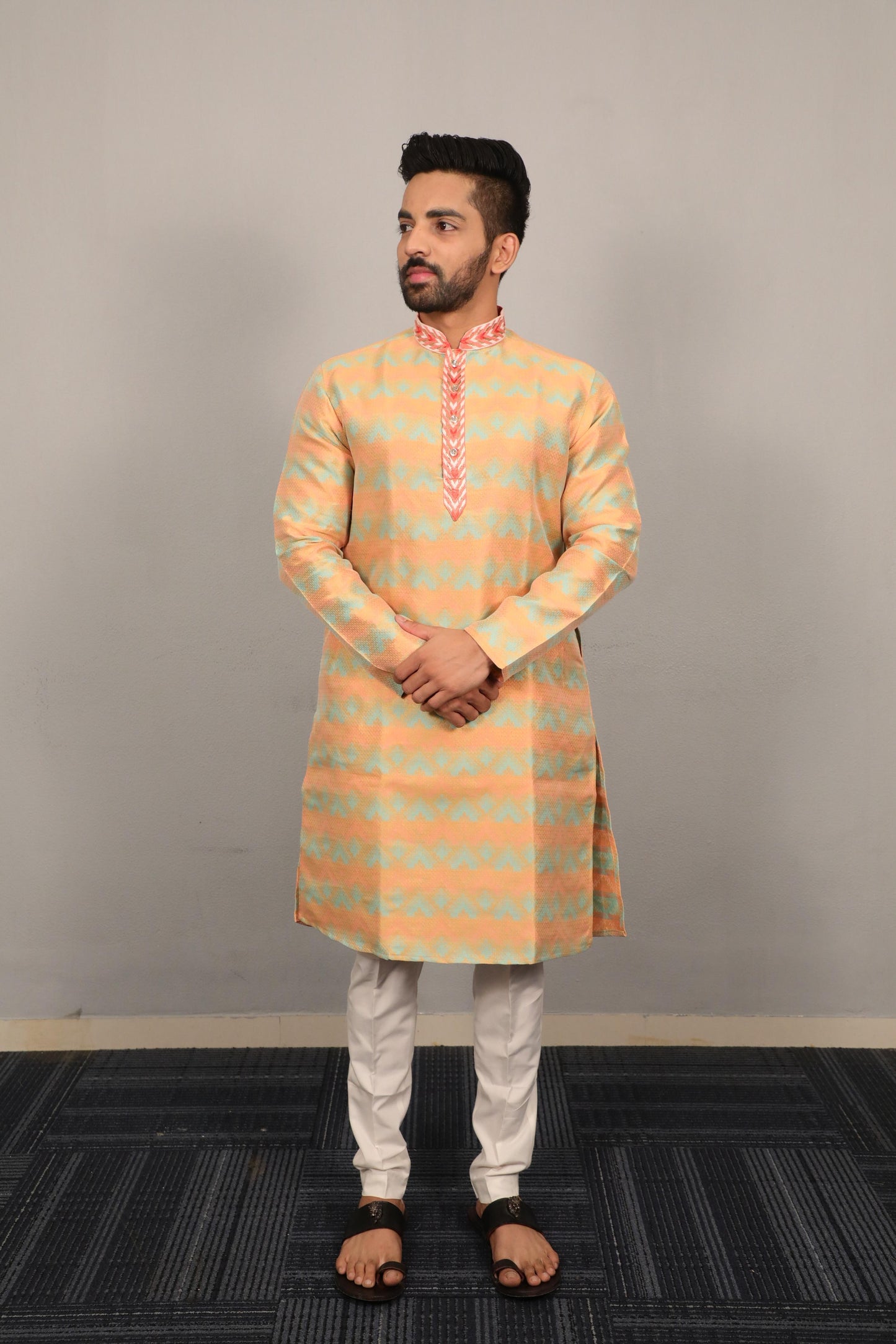 Men's Soft Jacquard Silk Self Weaving Pattern Kurta with Pajama