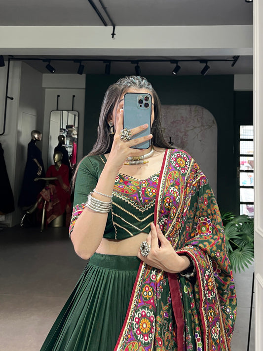 Gamthi Print and Embossed Lace Silk Chaniya Cholis for Navratri Fully Stitched