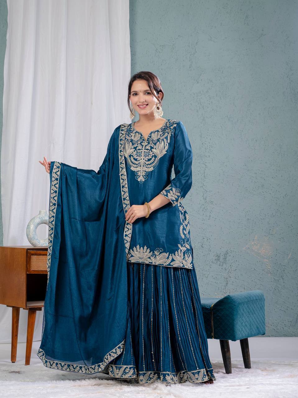 Pure Chinon Silk Embroidered Sharara Set in 4 beautiful Colours Fully Stitched