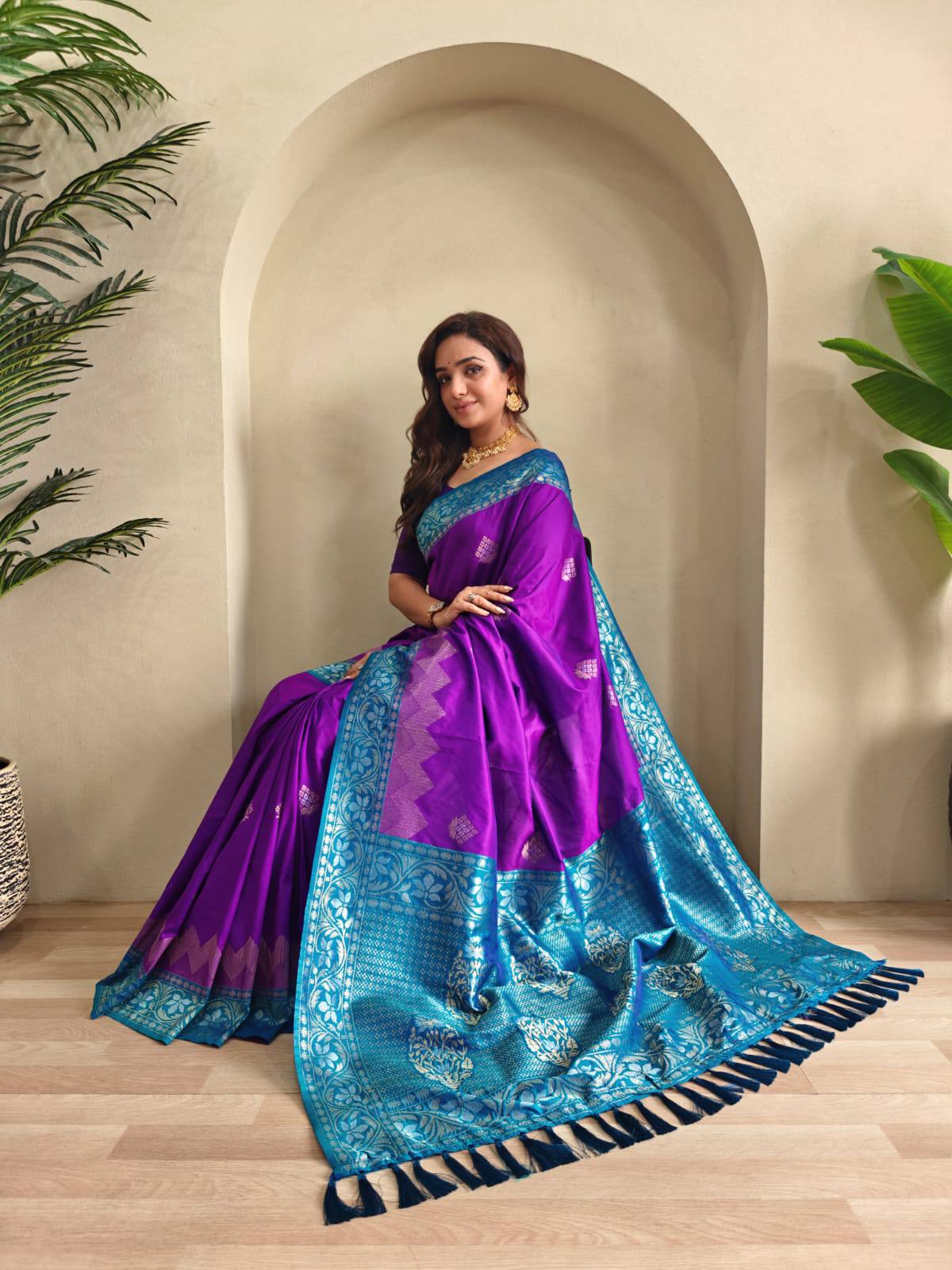 Priyanshi - Beautiful Dual Tone Soft Silk Saree with Zari Weaves with Stitched Blouse