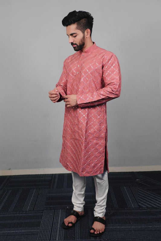 Peach colour Premium soft silk kurta with sequins work and with white cotton pajama