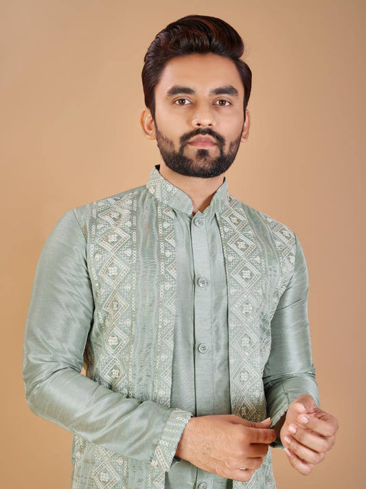 Pista green Men's Indo western style koti kurta with pajama