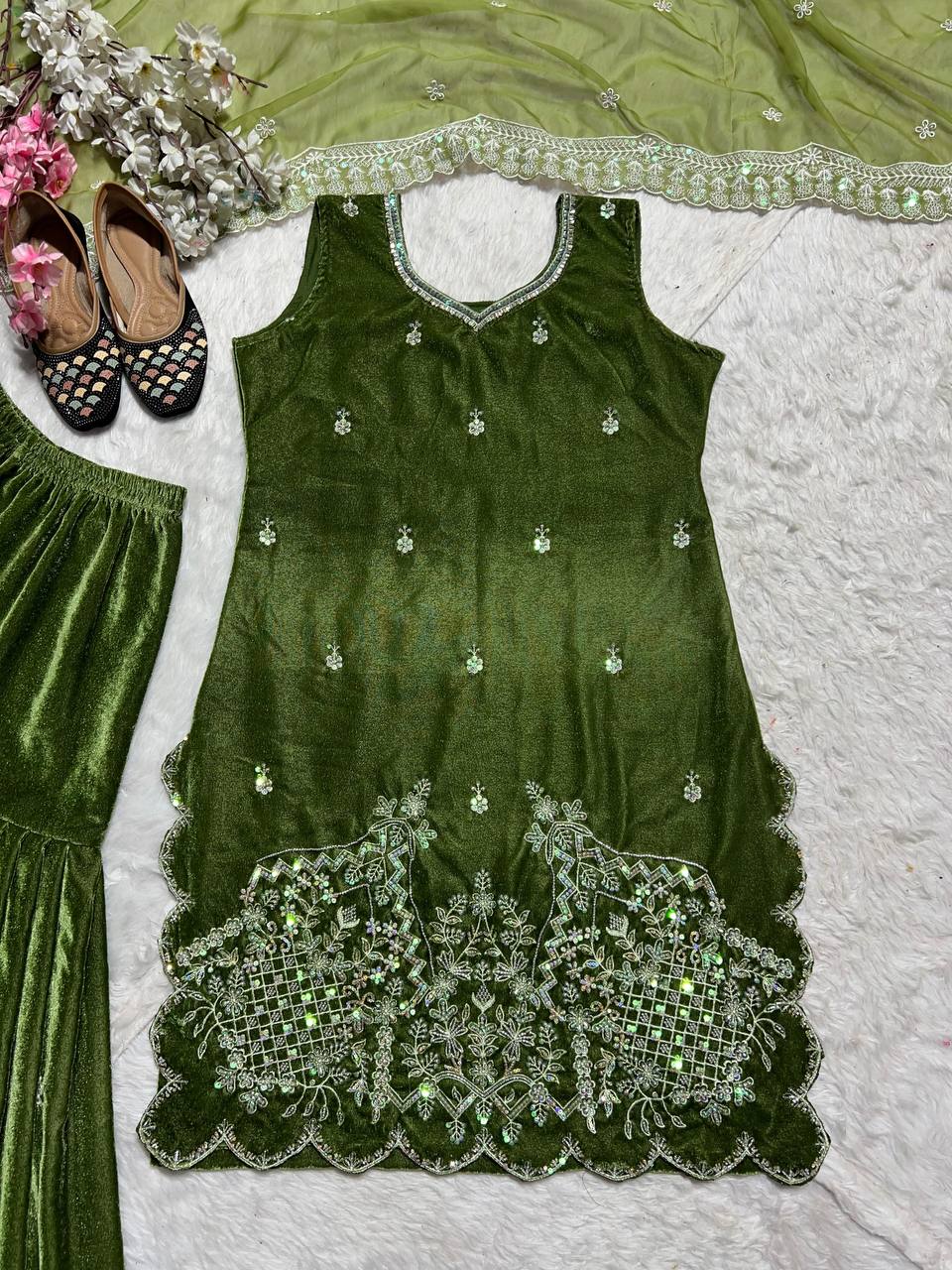 Mahendi Sharara Set fully stitched Premium Velvet fabric