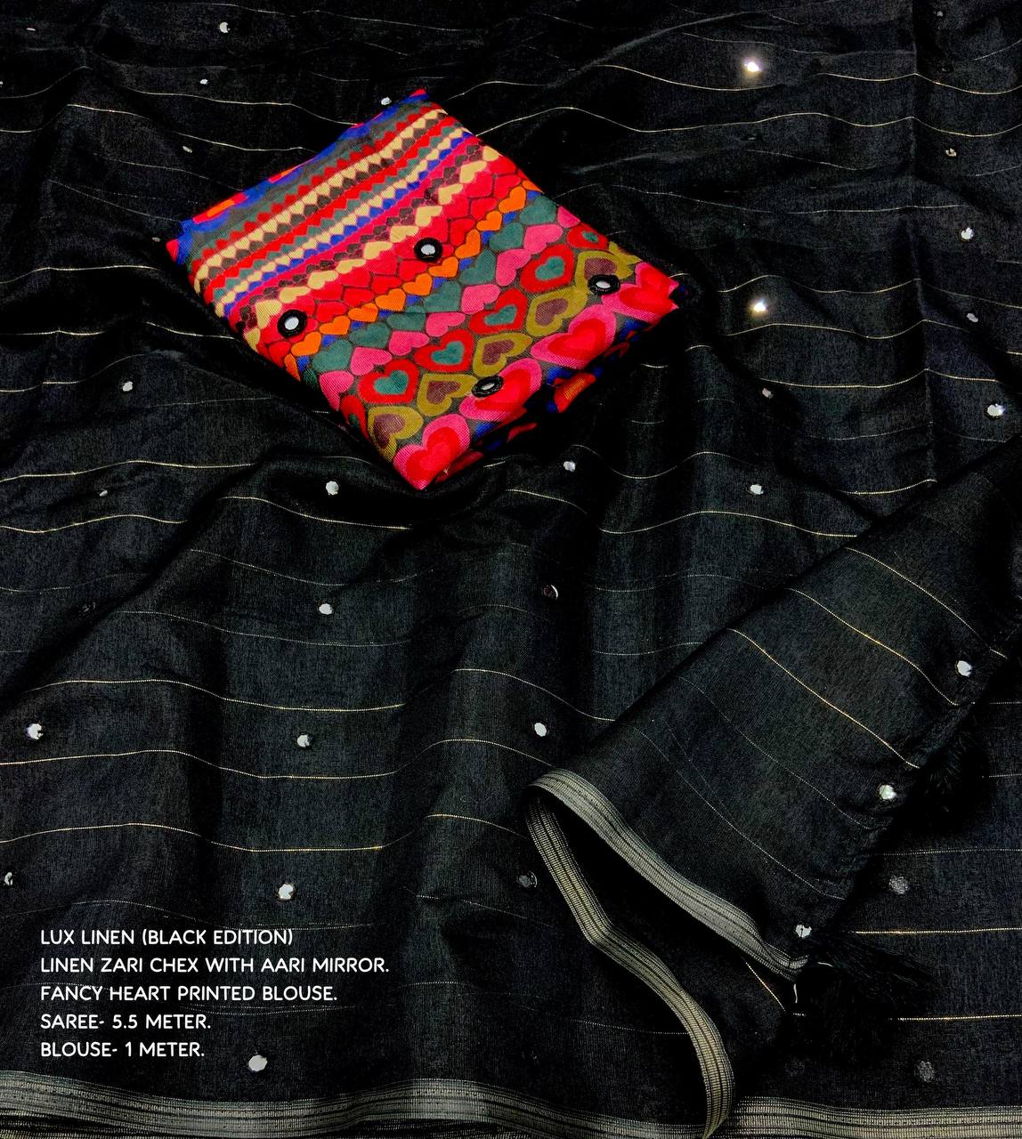 Linen black saree with aari mirror work & stitched blouse