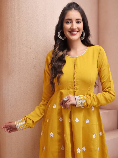 Mustard yellow anarkali with white embroidery