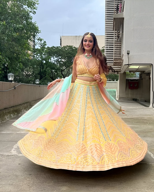 Premium Pastel Rainbow Dola Silk Readymade Lehenga