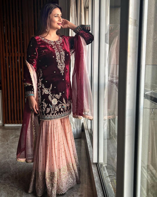 Maroon Velvet and Georgette Sharara Suit fully stitched