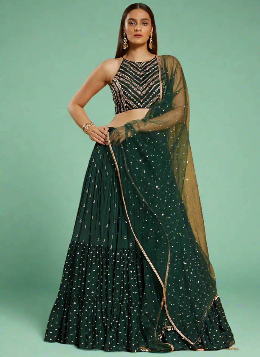 Dark Green Soft Georgette Fully Stitched Lehenga