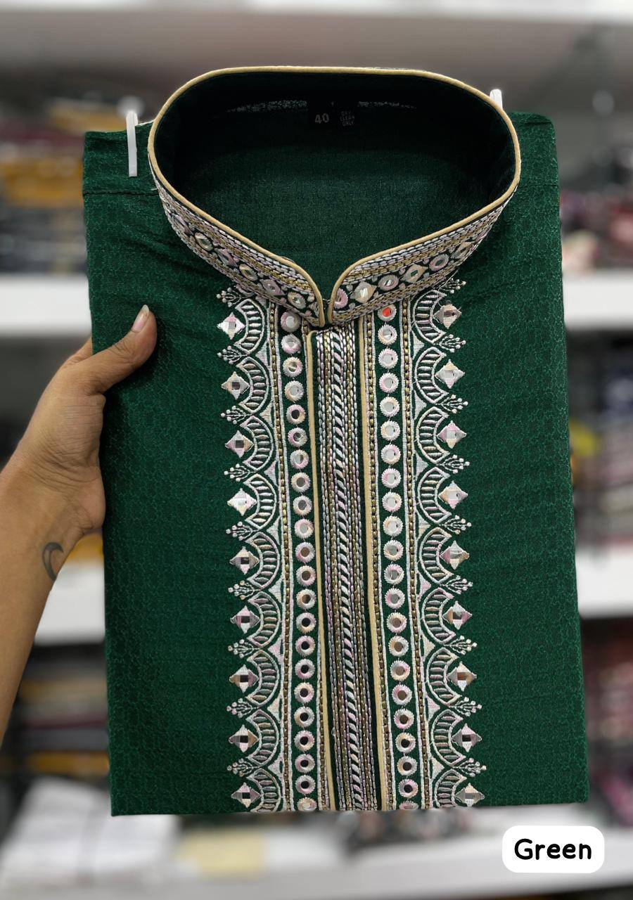 Green Men's premium cotton jacquard kurta with embroidery at neck with pajama