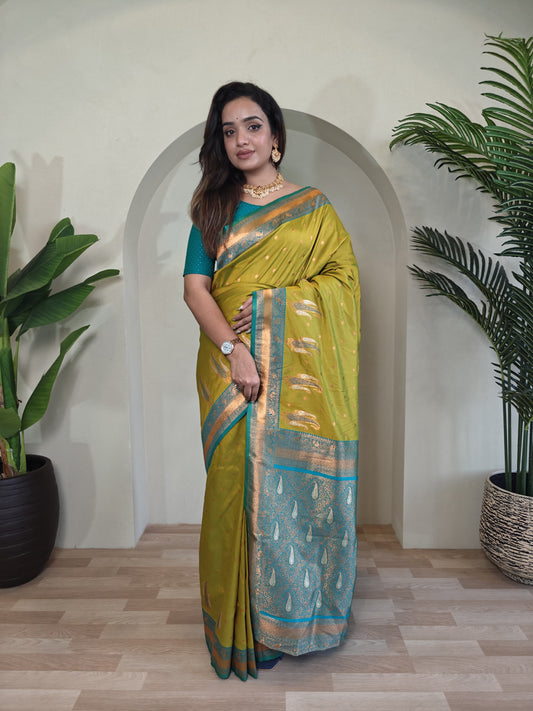 Mahendi Pure Paithani Silk Saree with rich weaving with Stitched Blouse