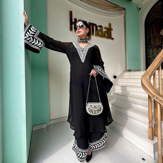 Georgette black Top & Plazo suit fully stitched