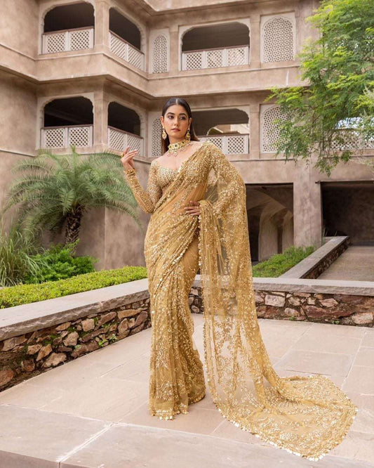 Mustard Gold designer style sequins saree on net febric with stitched blouse