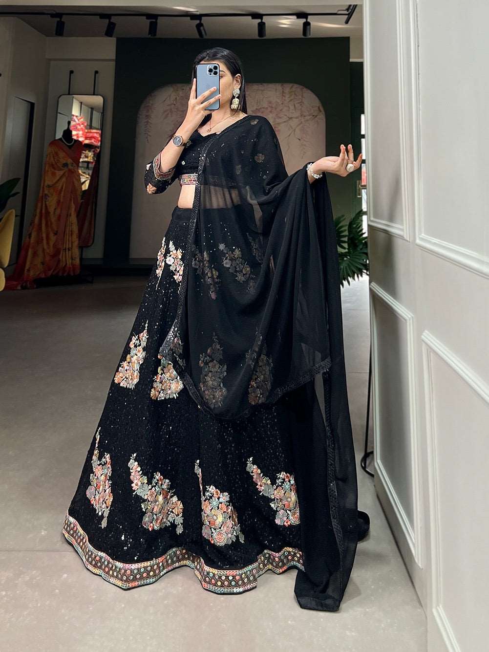 Black Georgette sequins and embroidered lehenga