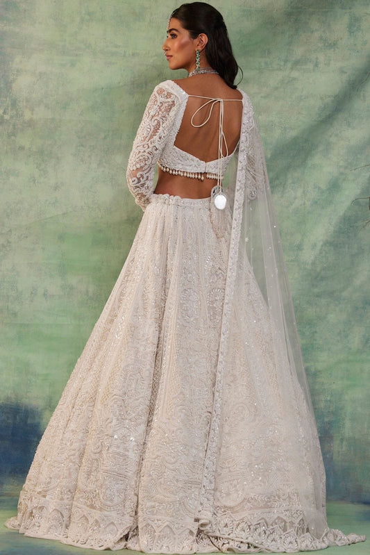 White Premium Soft Net Thread Embroidered Embellished Fully Stitched Lehenga