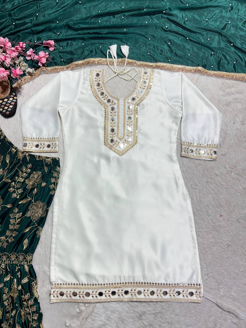 Green & White Punjabi Sharara set with Paper mirror work fully stitched