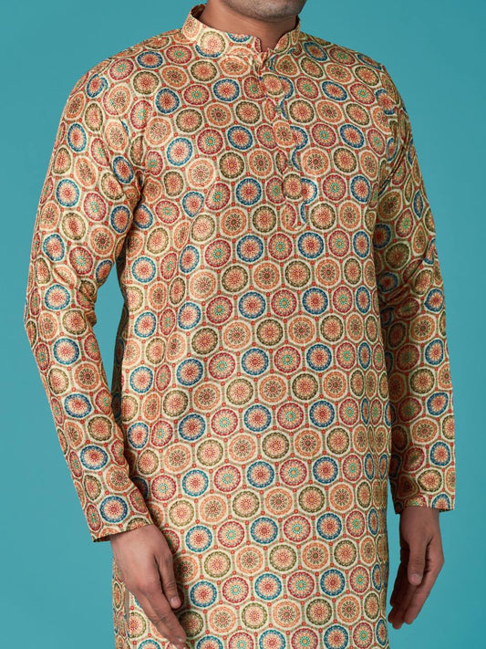 Beige Men's traditional indian ethinic printcotton kurta with pant