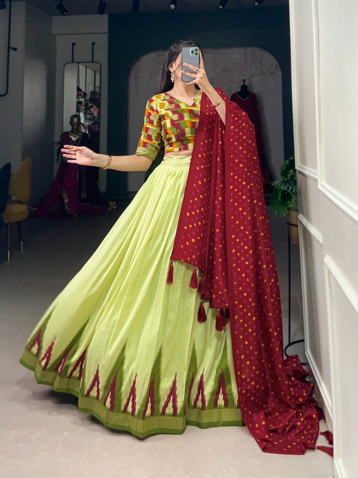 Mahendi Colour Navratri Special Chaniya Choli with Bandhej Print Dupatta Fully Stitched