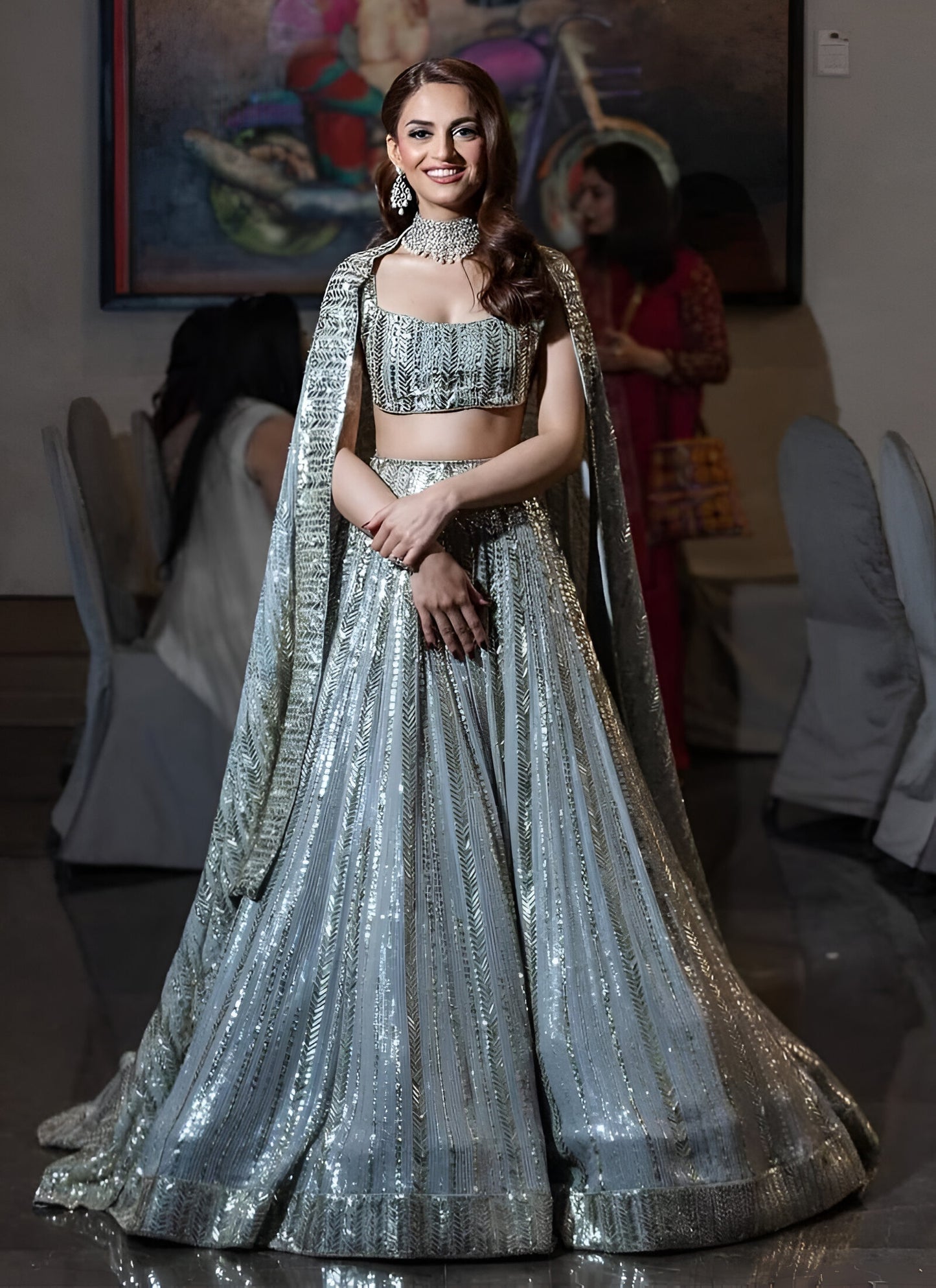 Metallic Grey Sparkling Sequins Fully Stitched Lehenga