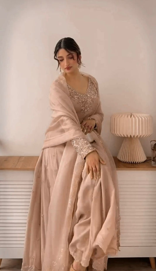 Chickoo Colour Soft Georgette Anarkali Gown Fully Stitched