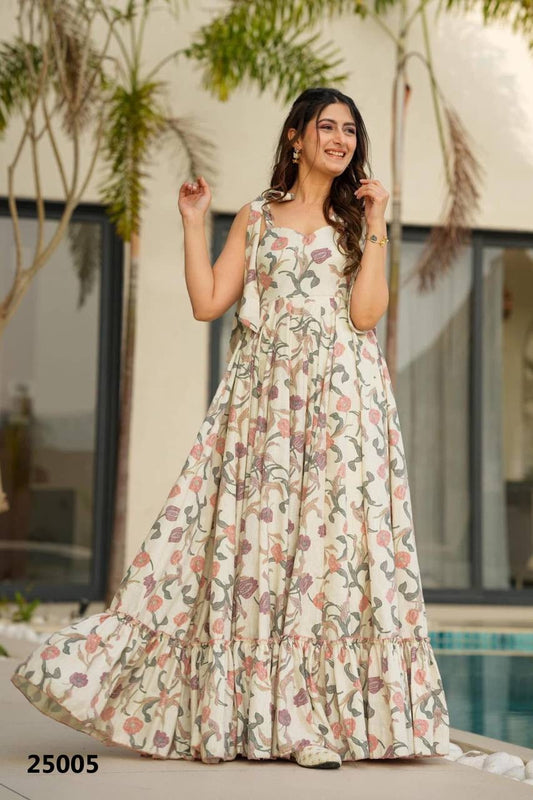 Off white Floral Soft Rayon Fabric Comfy Casual Gown Fully Stitched