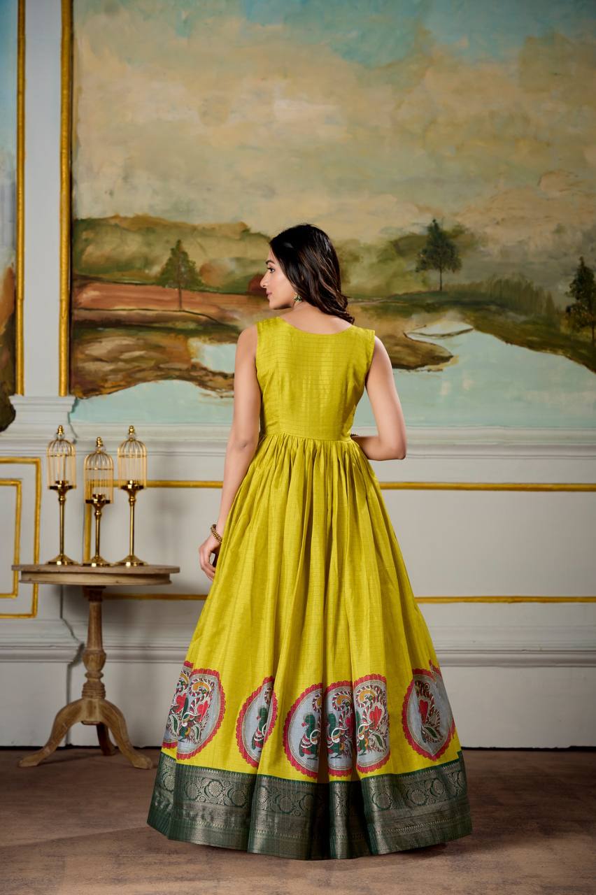 Beautiful Kalamkari Print Dola Silk Fully Stitched Gown
