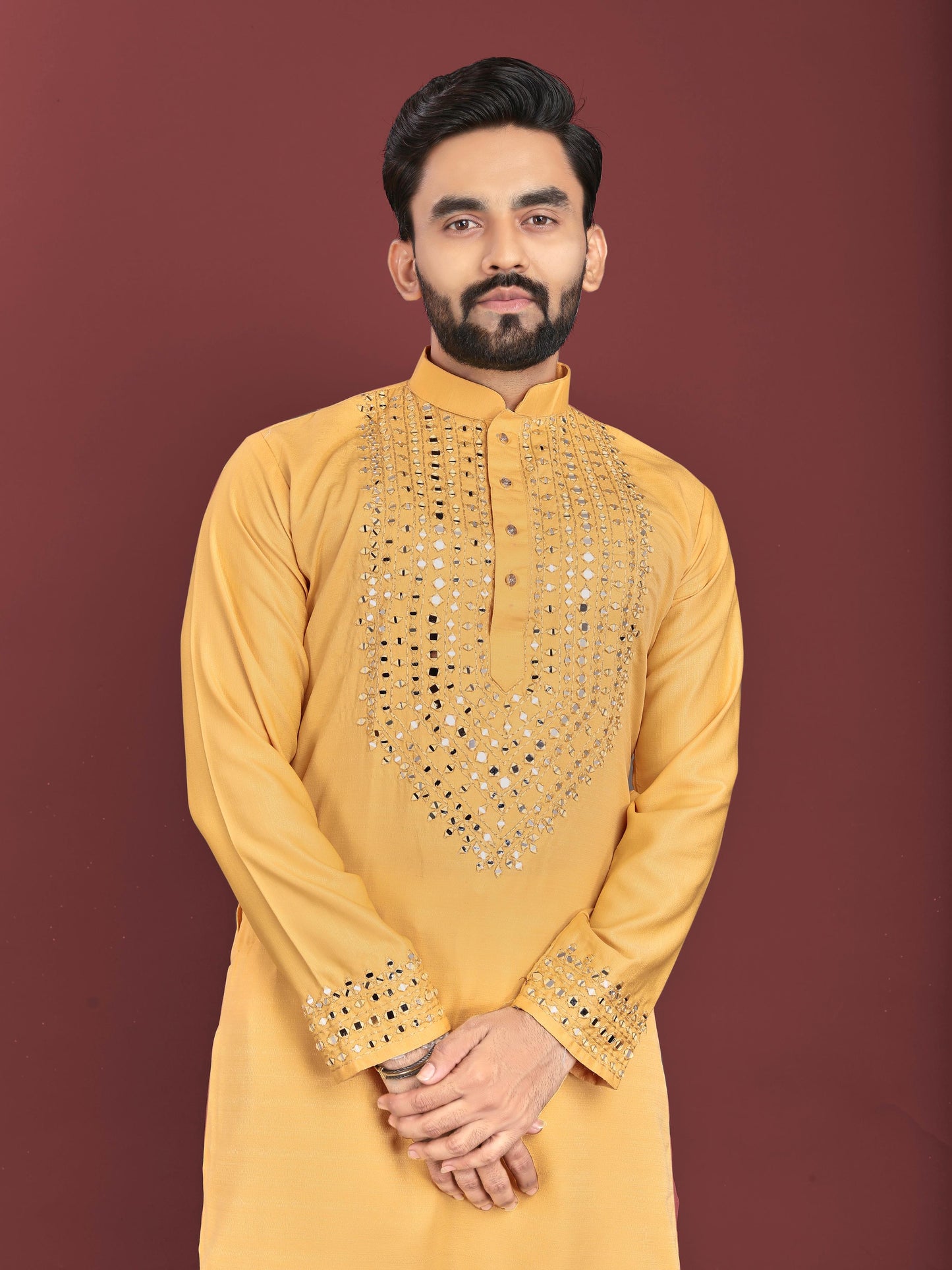 Men's Unique Exclusive Kurta with Real Mirror Neck Work with Cotton Pajama