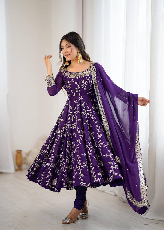 Preeva - Purple Soft Georgette with Full Embroidery Gown Fully Stitched