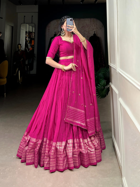 Minimalist Pink Lehenga Chanderi Silk Fabric Fully Stitched