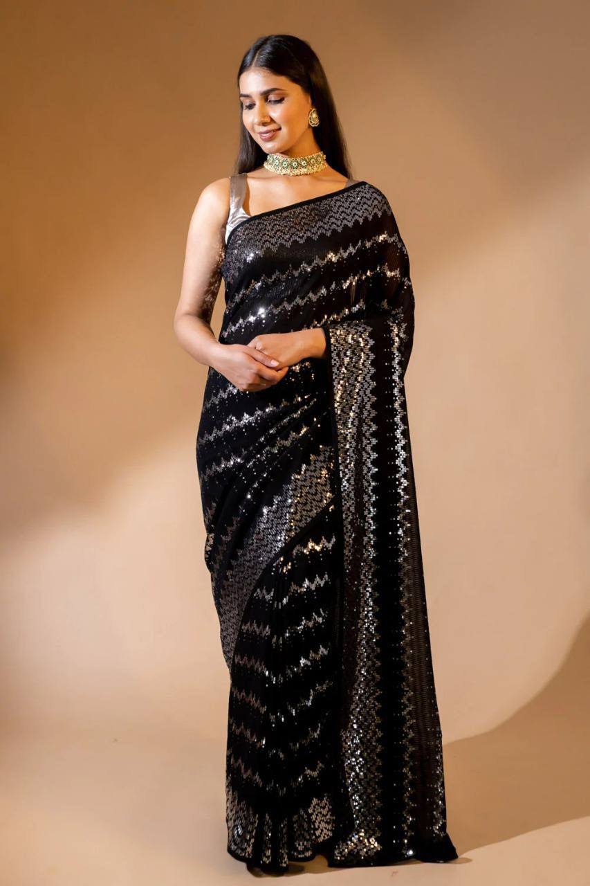 Bollywood style Pista & Black Sequence Saree with fully stitched blouse