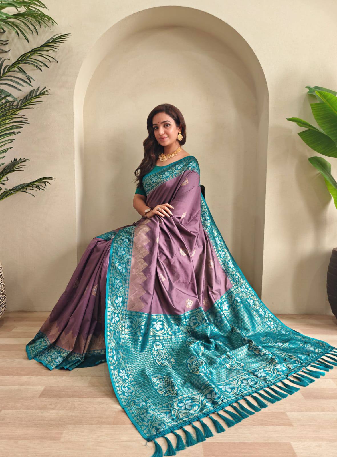 Priyanshi - Beautiful Dual Tone Soft Silk Saree with Zari Weaves with Stitched Blouse