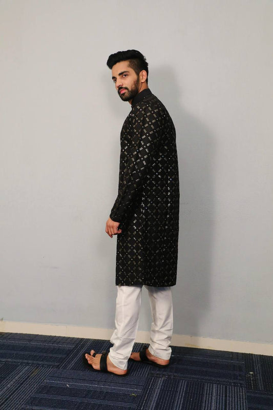 Black Premium soft silk kurta with sequins work and with white cotton pajama