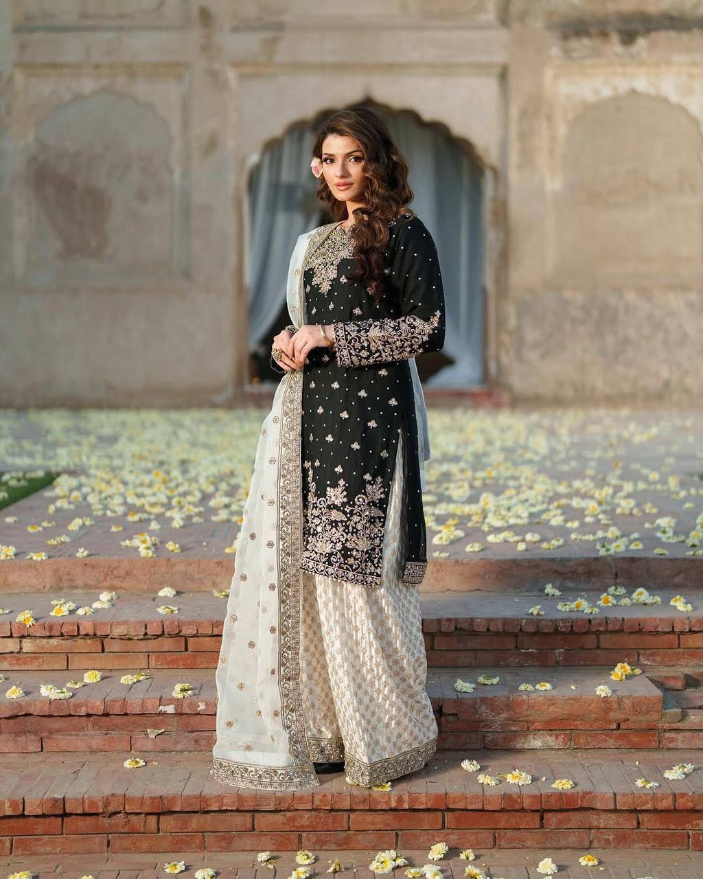 Black & White Heavy Embroidered Sharara Set Fully Stitched