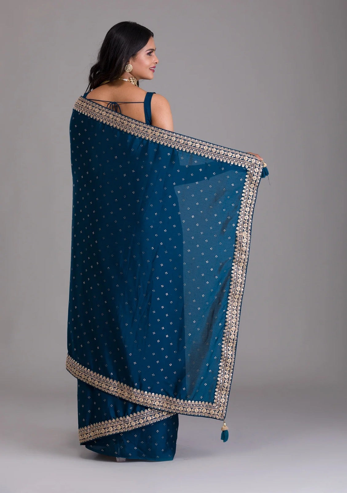 Rama chinnon saree with fully stitched blouse