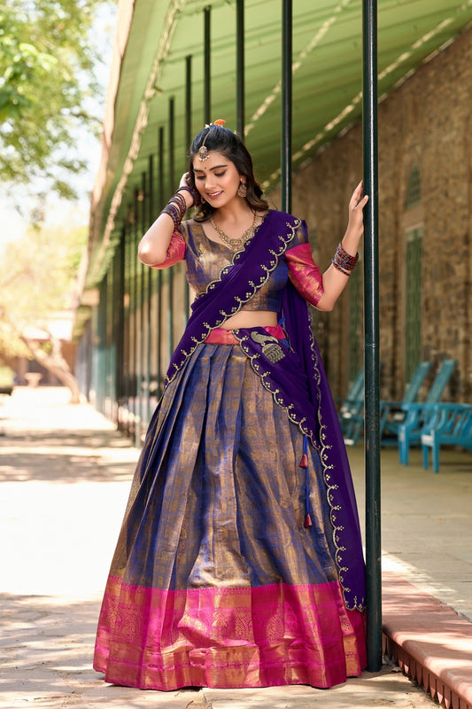 Geetha - Blue Dual Tone Kanjivaram Style Silk Lehenga