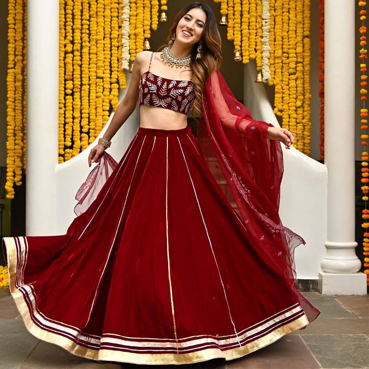 Maroon velvet fully stitched lehenga
