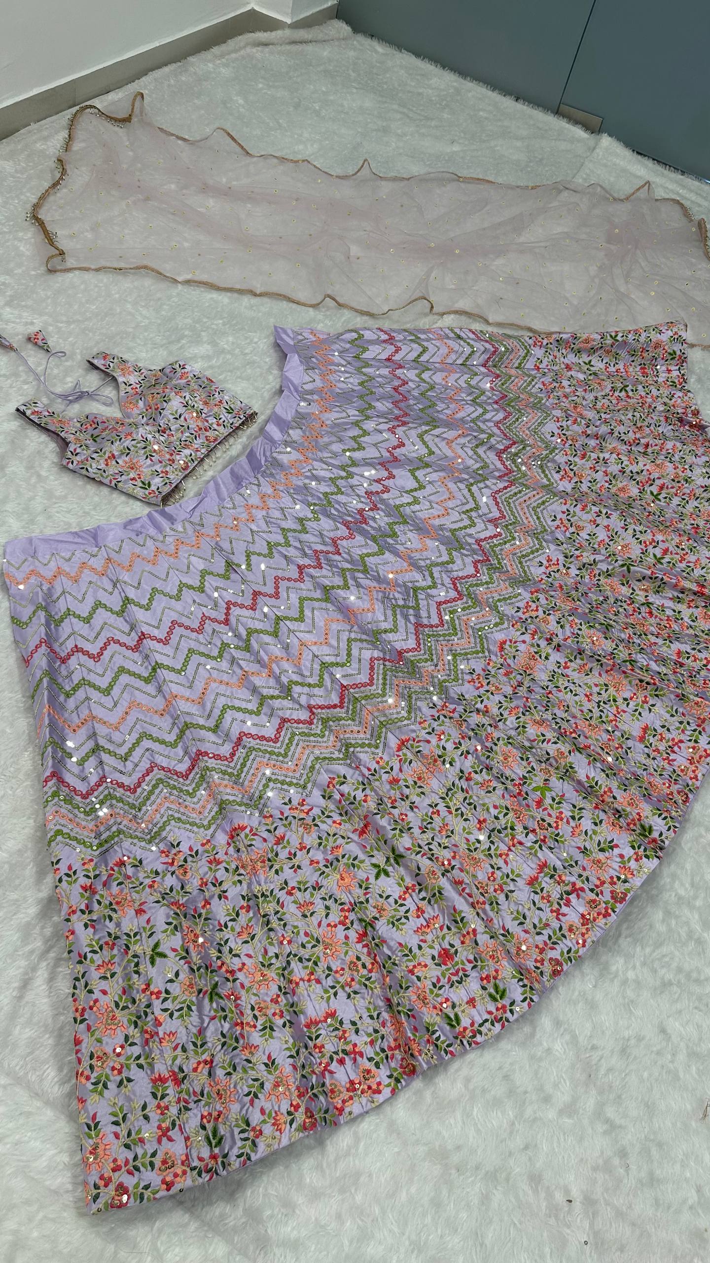 Pastel Purple Premium Satin Silk Lehenga with Sequins and Embroidery Work Fully Stitched