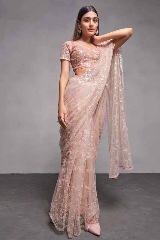 Baby Pink Soft Net Embroidered Sequins Saree with Stitched Blouse