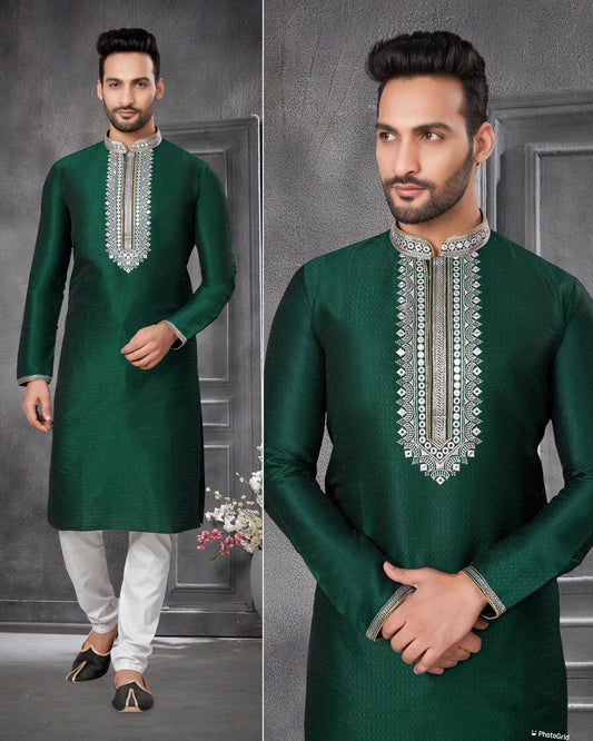 Green Men's premium cotton jacquard kurta with embroidery at neck with pajama