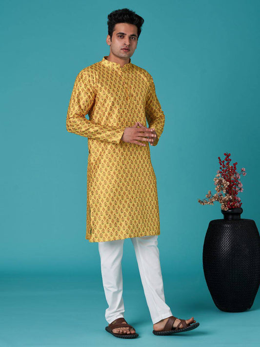 Haldi special Mustard Yellow Men's traditional indian sequins work with print cotton kurta with pajama